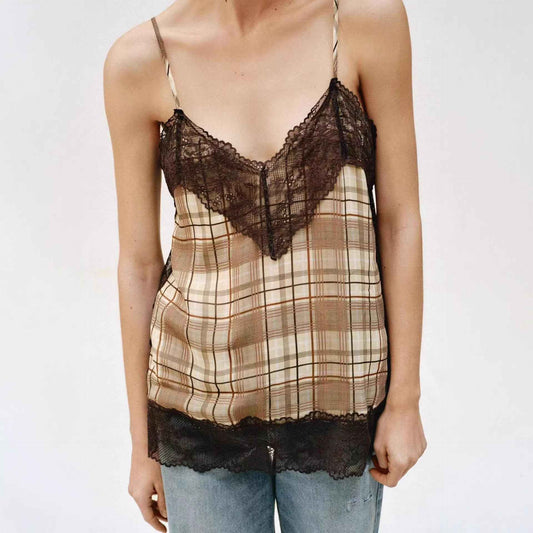 V-neck Plaid Lace Camisole Top