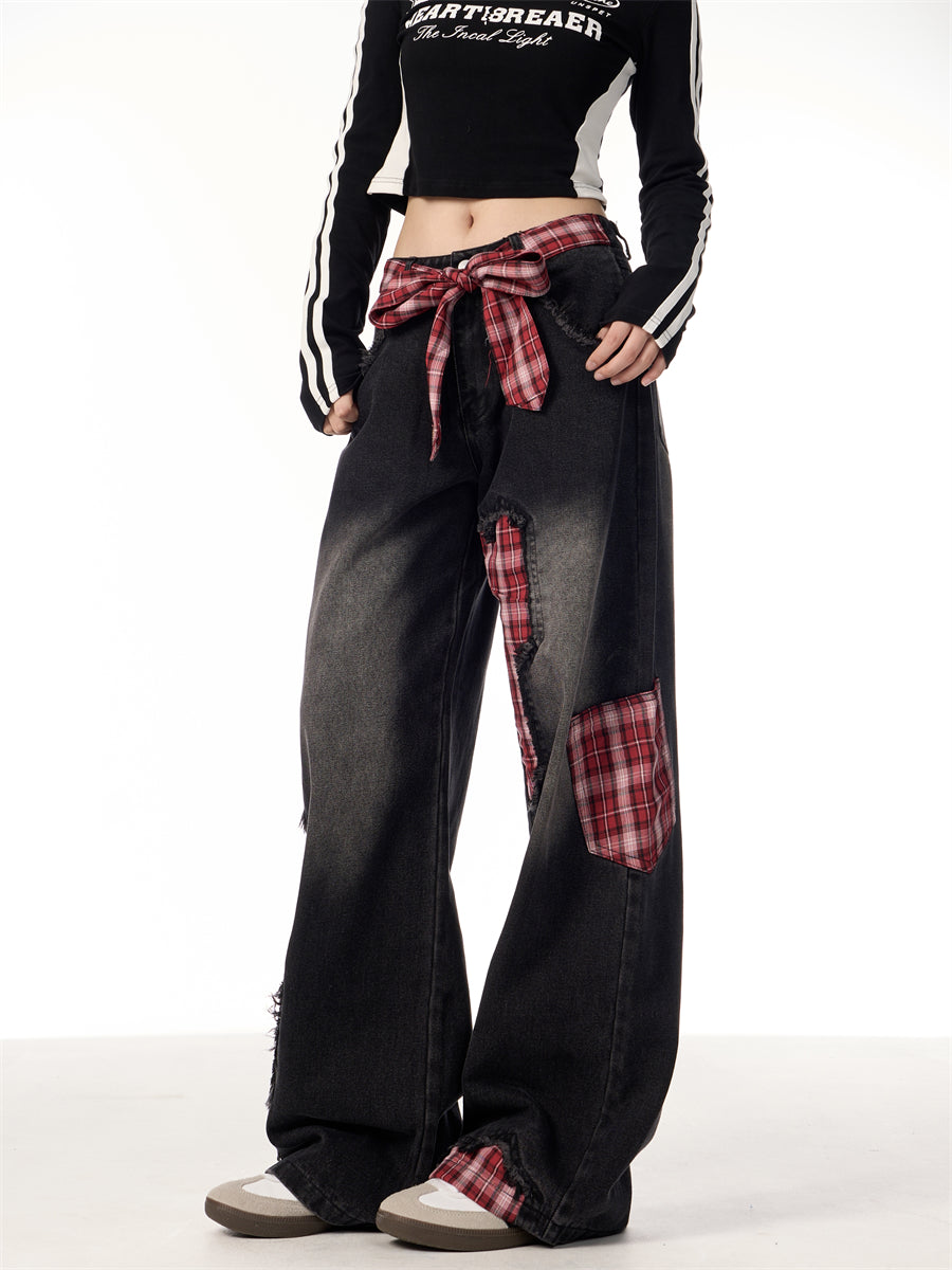 Bowknot Loose Sweet Cool Plaid Stitching Jeans Women's Straight Wide Leg Pants MuddyStock