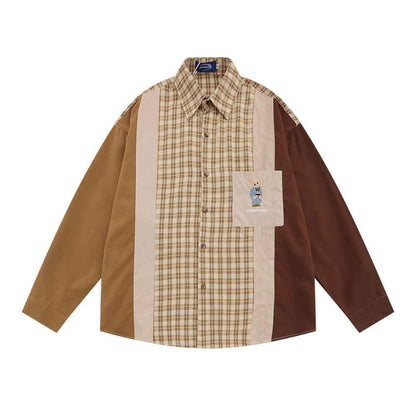 Plaid Asymmetric Stitching Long-sleeved Shirt For Men And Women Khaki null