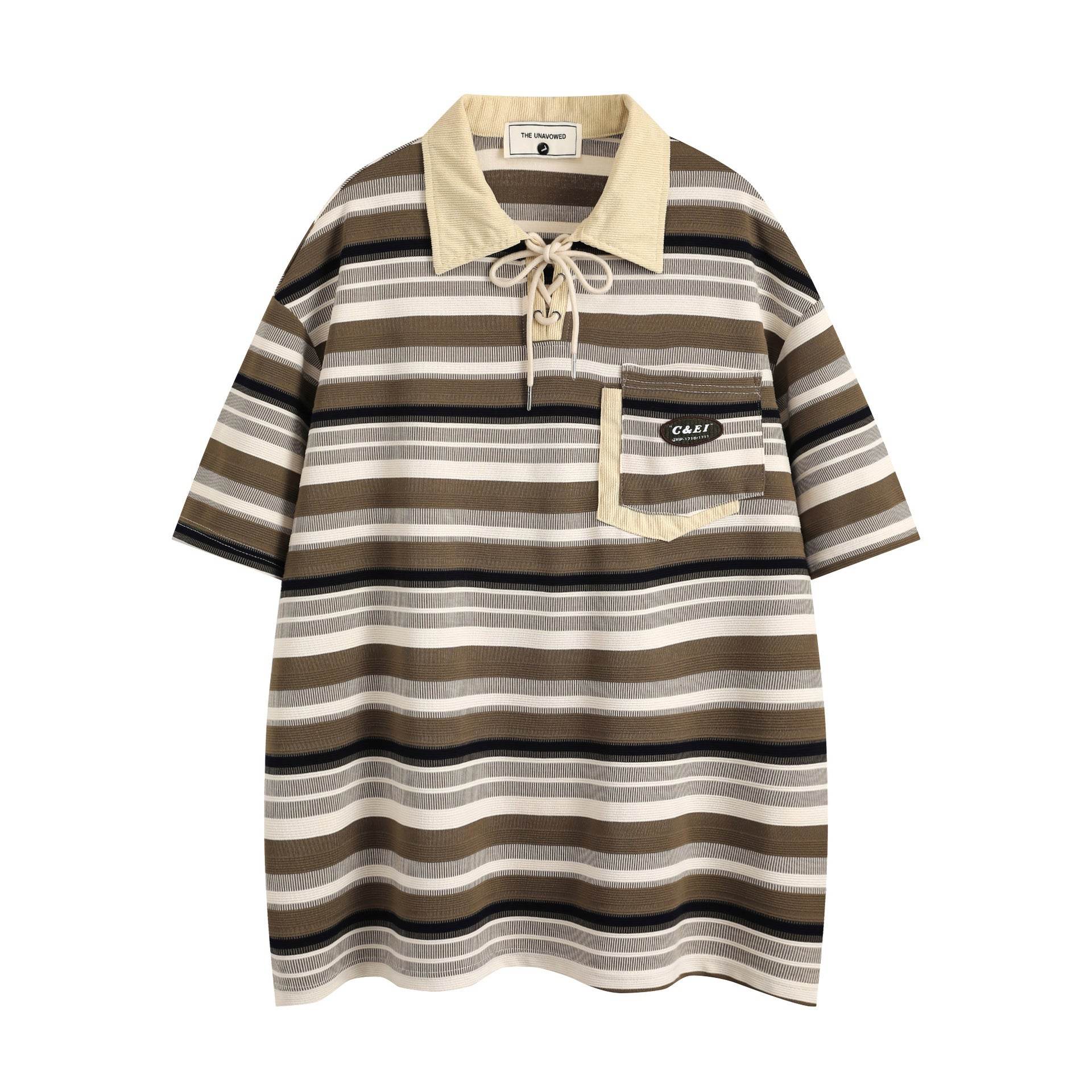 Retro Loose Striped Short-sleeved Polo Shirt For Men Dark Brown MuddyStock