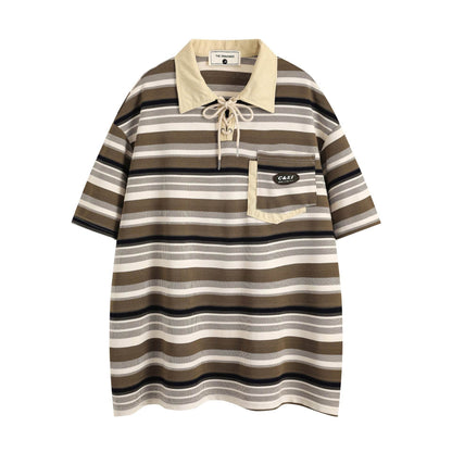 Retro Loose Striped Short-sleeved Polo Shirt For Men Dark Brown MuddyStock