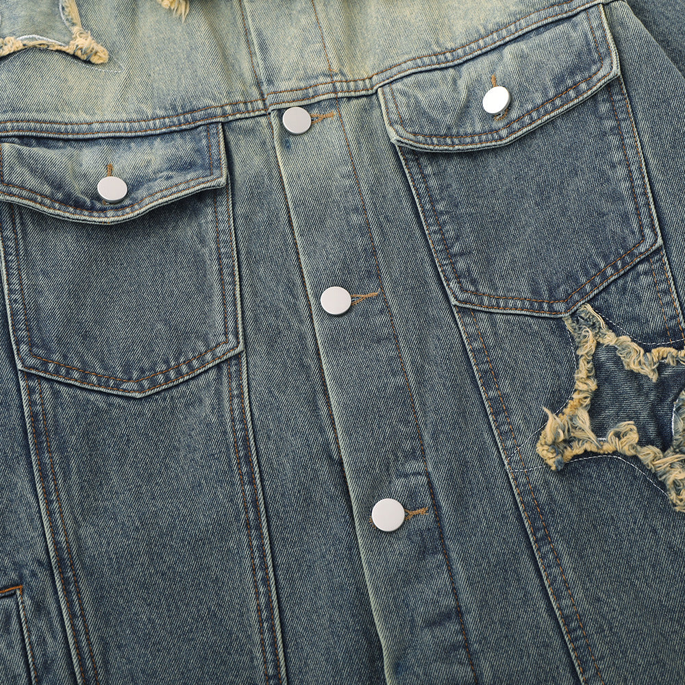 Five-pointed Star Patch Cat Beard Denim Washed Distressed Jacket For Women MuddyStock null
