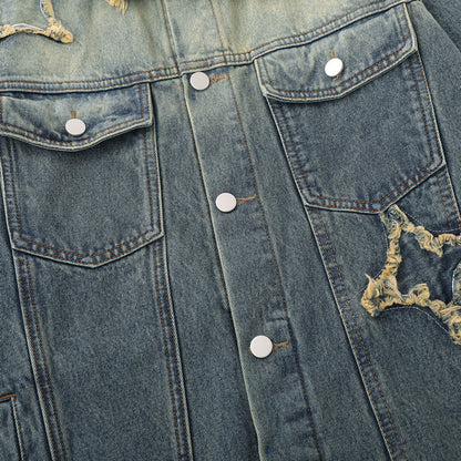 Five-pointed Star Patch Cat Beard Denim Washed Distressed Jacket For Women MuddyStock null