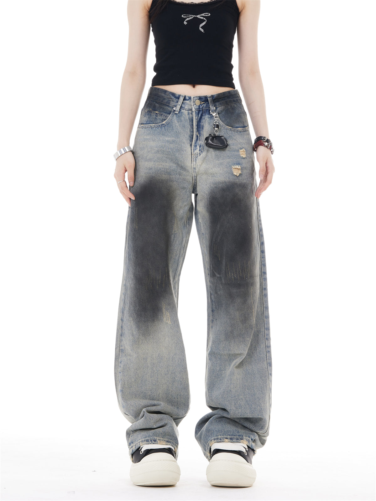 Retro High Waist Wide Leg Ripped Jeans For Women