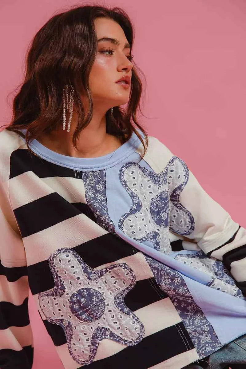 Patchwork Striped Round Neck Sweatshirt For Women Trendsi