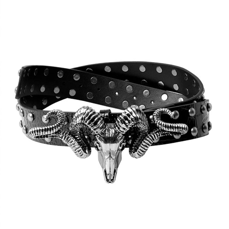 Distressed Skull And Sheep-head Belt Black 115cm