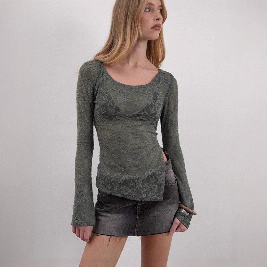 Round-neck Simple Lace Long-sleeve Top For Women