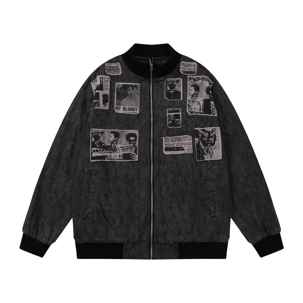 European And American Style Character Patch Stand Collar Jacket For Men And Women MuddyStock null