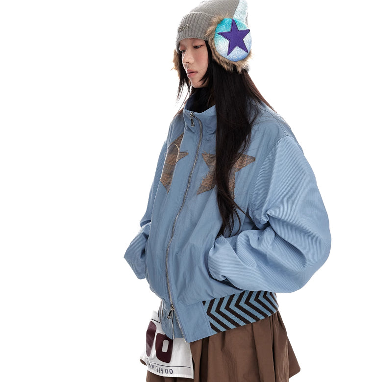 Stand Up Collar Splicing Double Zipper Women's Jacket
