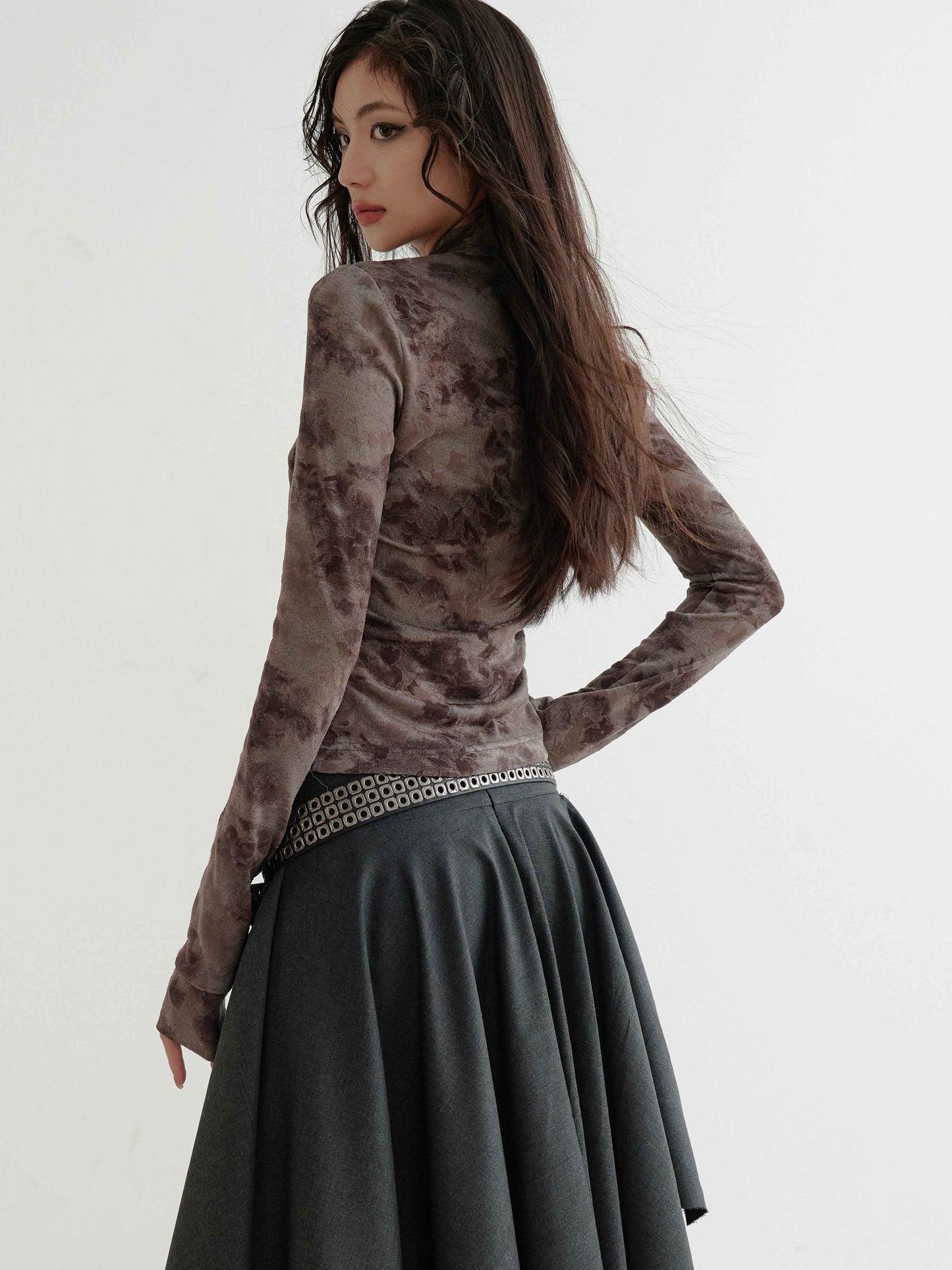Retro Dark Flocked Print Distressed Top For Women