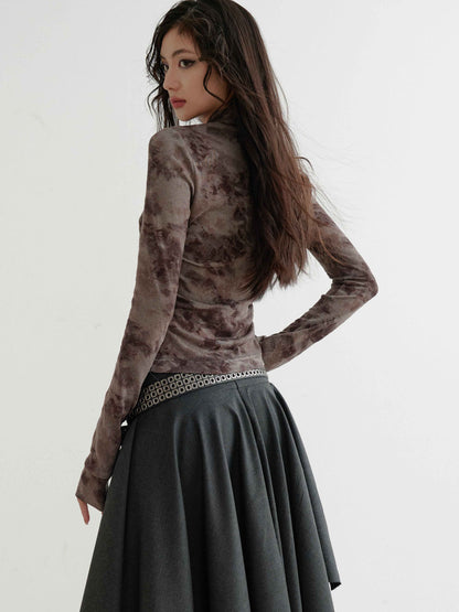 Retro Dark Flocked Print Distressed Top For Women