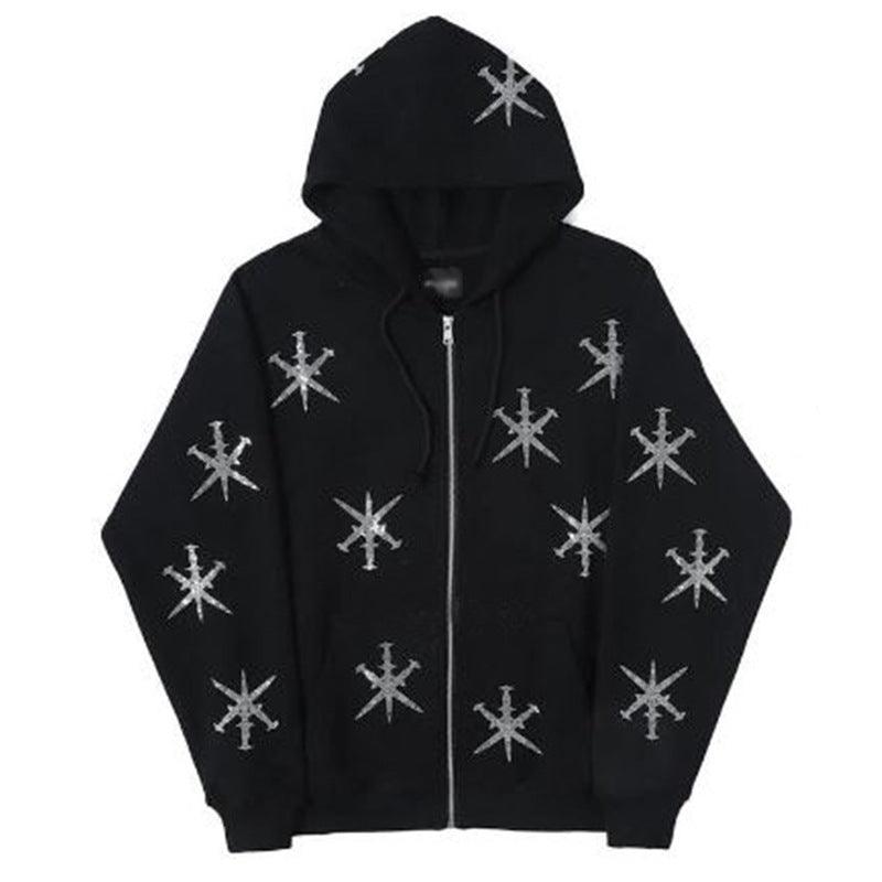 Rhinestone Gothic Streetwear Green Zip up Hoodie For Men Black All Products