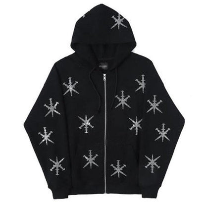 Rhinestone Gothic Streetwear Green Zip up Hoodie For Men Black All Products