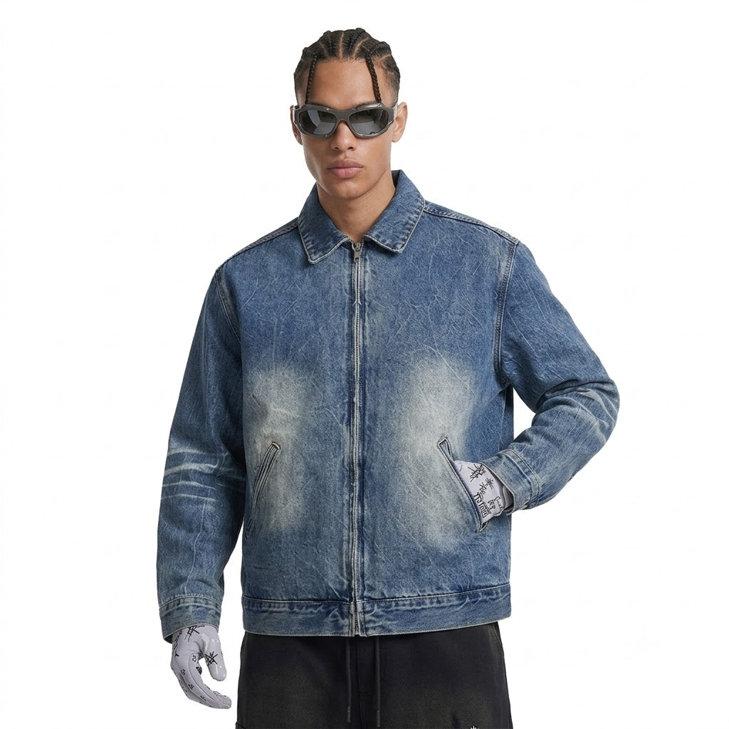 Vintage Wash Zip Up Denim Jacket For Men | MuddyStock Originals