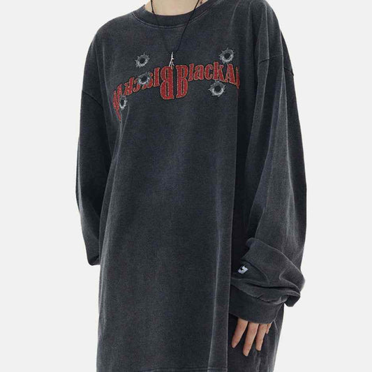 Denim Print Washed Distressed Loose Long Sleeve T-Shirt For Women MuddyStock