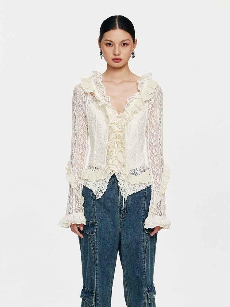 Lace Tie With Fungus Edge Long Sleeved Pullover For Women null