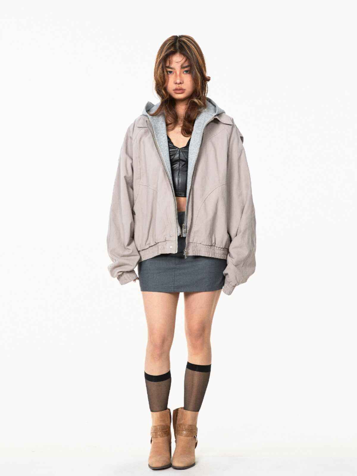 Fake Two Pieces Hooded Workwear Female Cropped Jacket MuddyStock