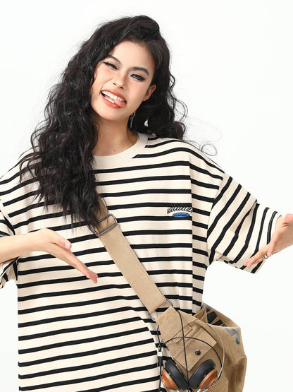 Retro Striped Short-sleeved T-shirt For Women MuddyStock