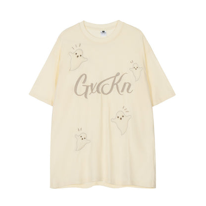 Little Devil Embroidered Casual Short Sleeve T-shirt For Men And Women Apricot MuddyStock