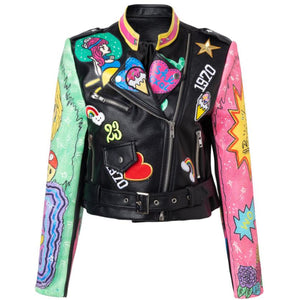 Women's Colorblock Street Trend Cropped Leather Jacket Style1