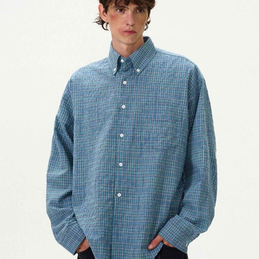 American Style Vintage Plaid Pleated Shirt For Men null
