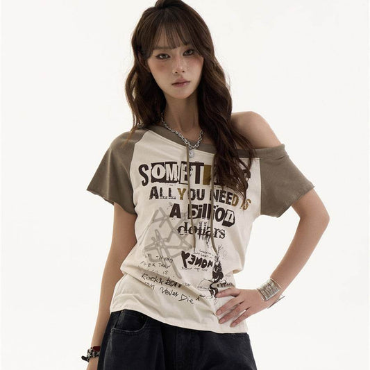 Female American Retro Spicy Girl Letter Slanted Shoulder Short Sleeved T Shirt MuddyStock