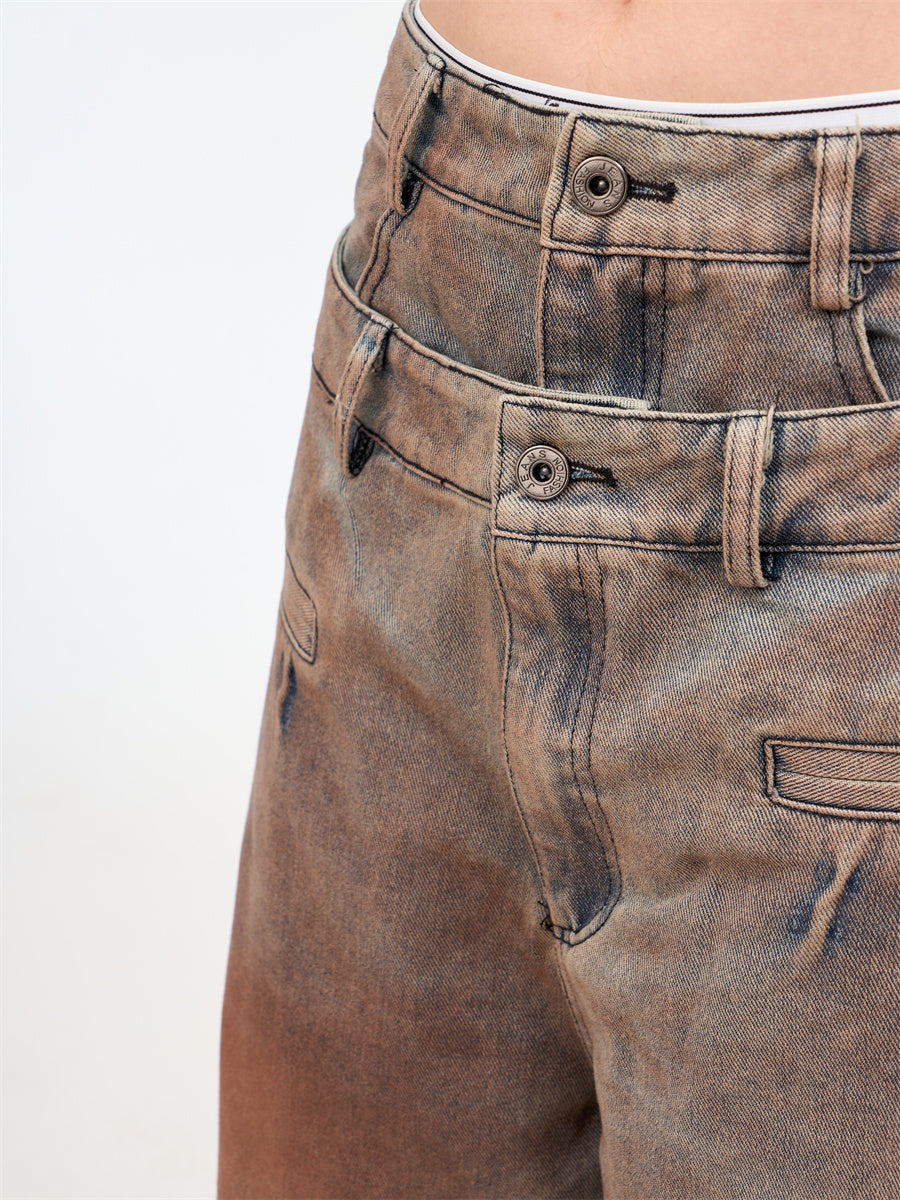 Women's American Retro Washed Double Waisted Jeans