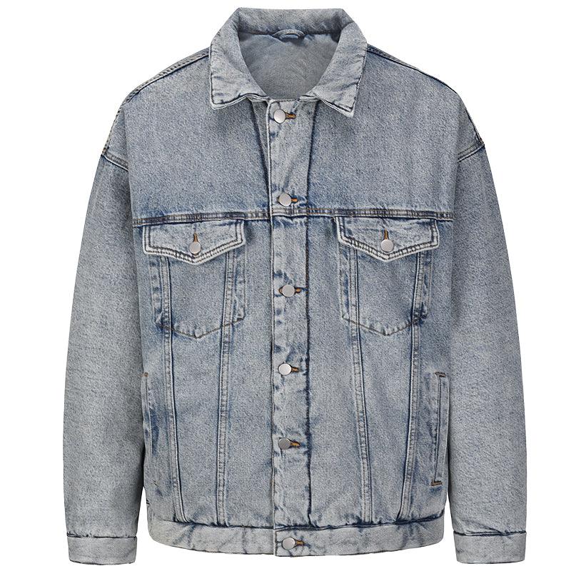 Washed And Worn Mixed Cotton Loose Thickened Denim Jacket For Men Washed blue null