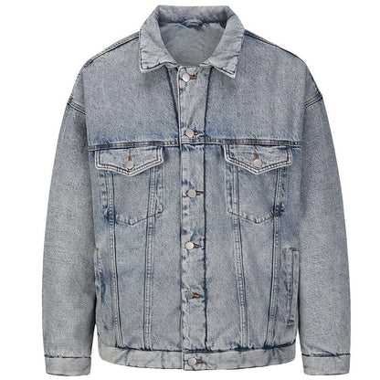 Washed And Worn Mixed Cotton Loose Thickened Denim Jacket For Men Washed blue null