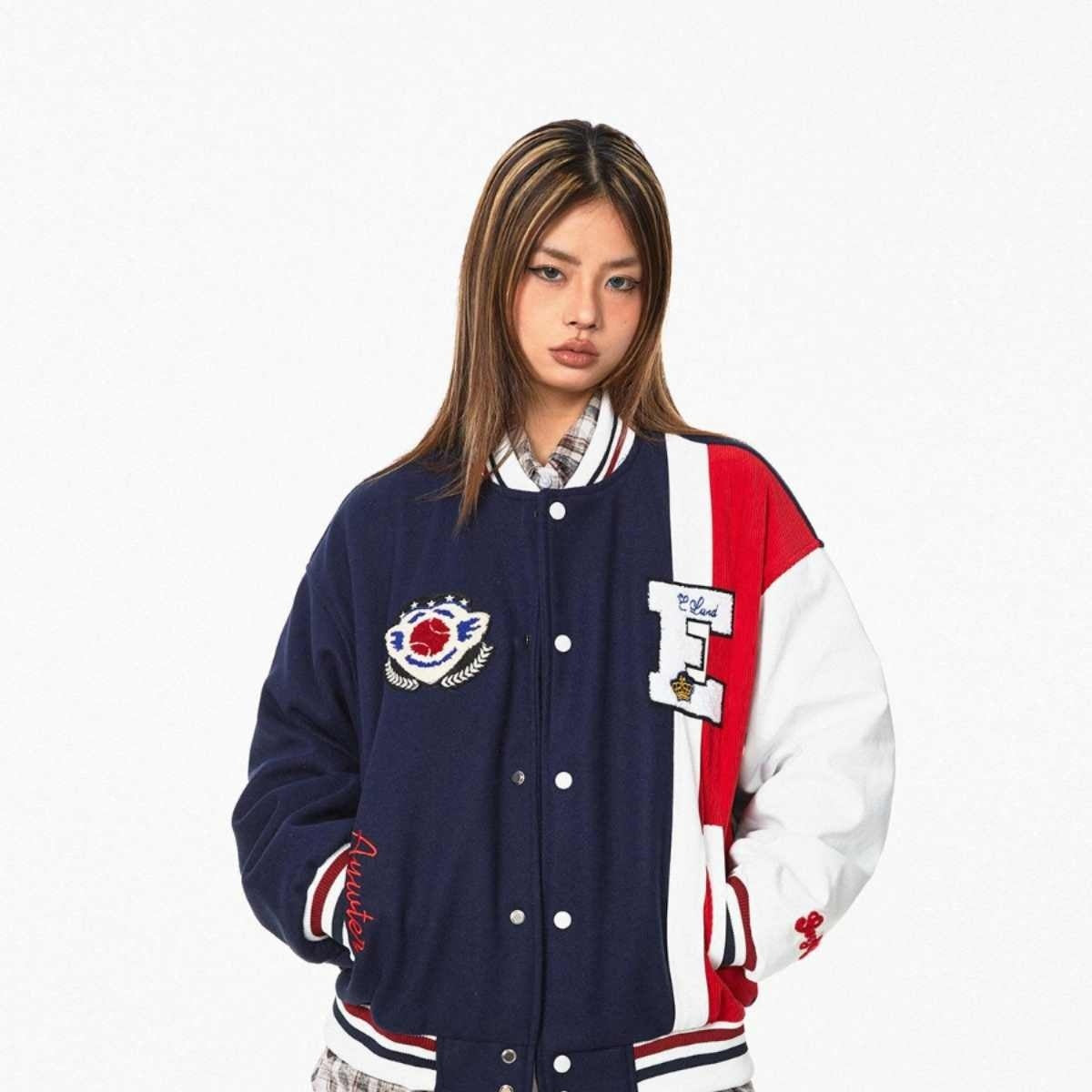 BLACKBBAmerican Color Contrast Patchwork Retro Baseball Uniform Jacket Coat Blue All Products
