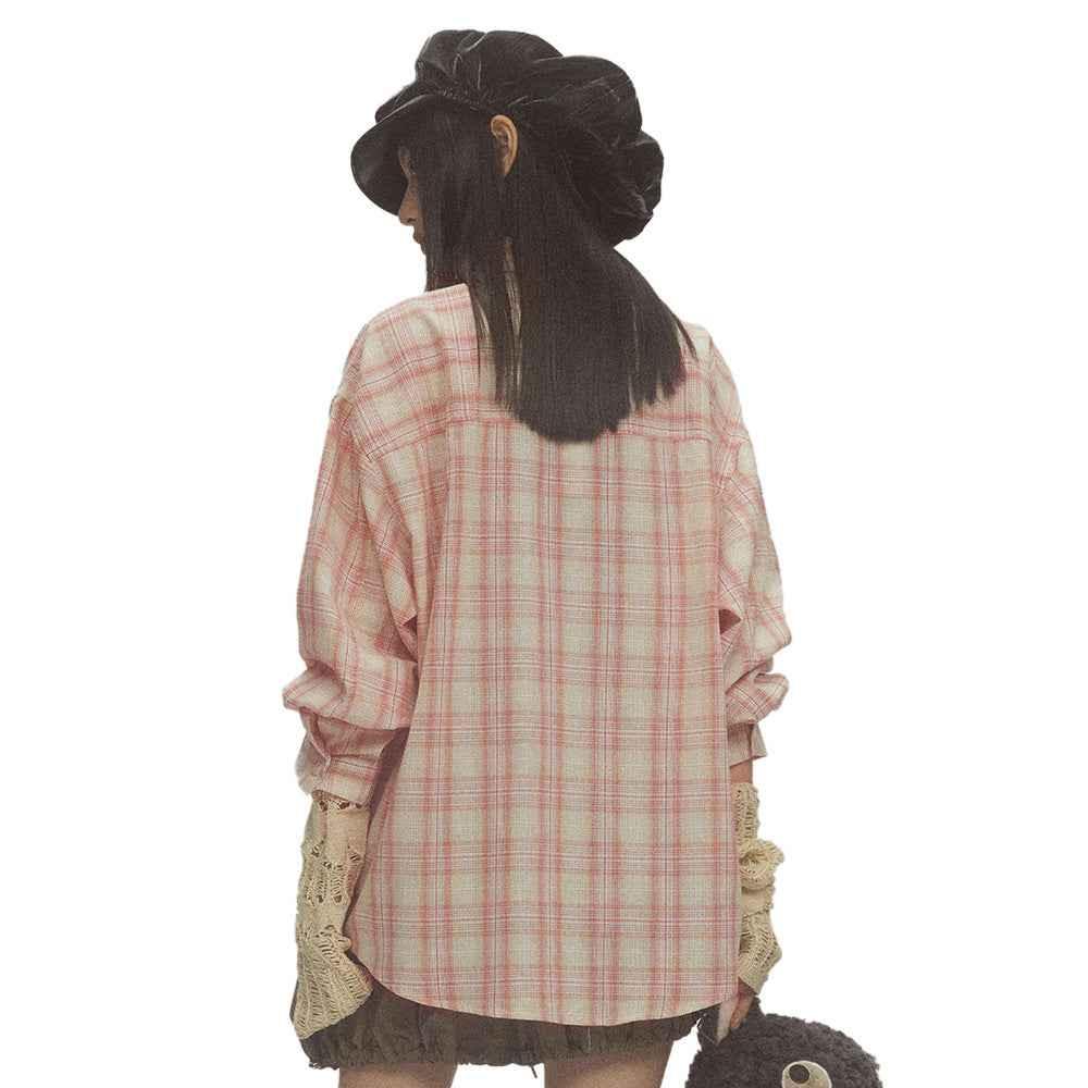 Irregular Pocket Loose Plaid Shirt For Women null
