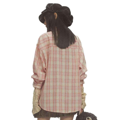 Irregular Pocket Loose Plaid Shirt For Women null