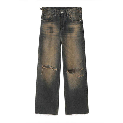 Men's Retro Distressed Rust Earthy Hole Raw Hem Jeans Old Blue MuddyStock