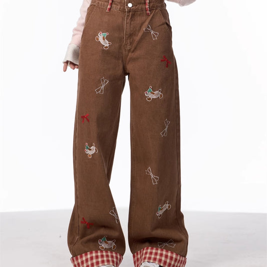 Vintage Bow Puppy Embroidered Wide Leg High Waist Jeans For Women MuddyStock