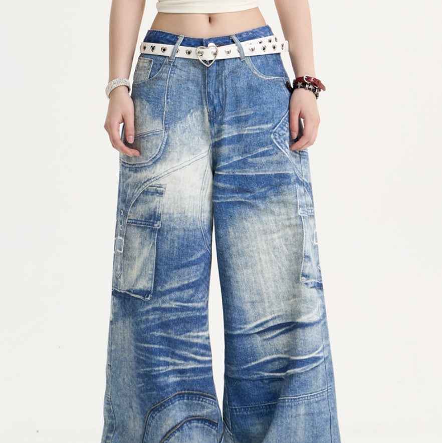 American Retro Printed Wide-leg Jeans For Men And Women MuddyStock