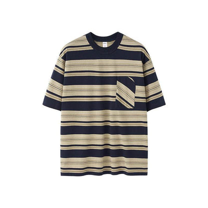 Striped Pocket T-shirt American Style Loose Short Sleeve Apricot MuddyStock