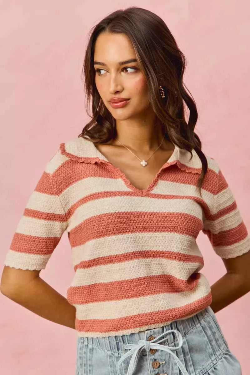 Stripe Short Sleeve Cropped Sweater For Women Trendsi