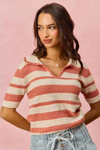 Stripe Short Sleeve Cropped Sweater For Women Trendsi