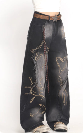 Deconstructed Washed Jeans For Women Black