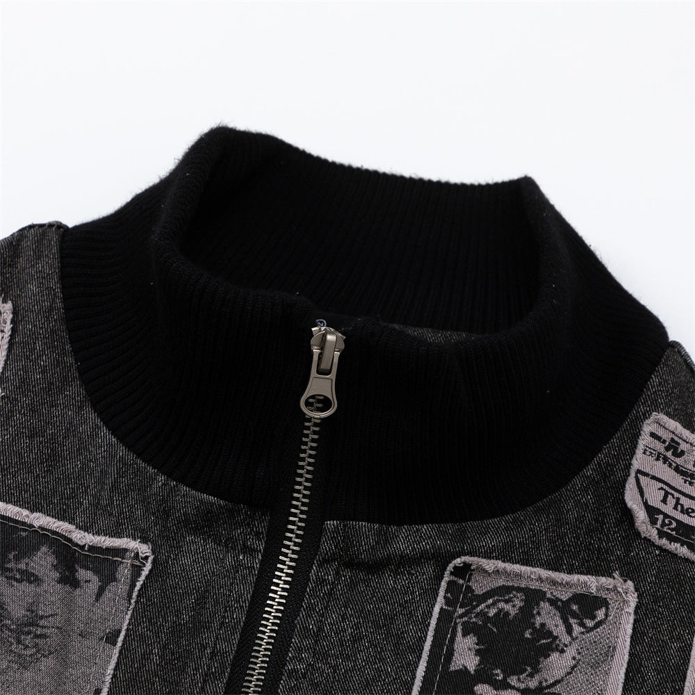 European And American Style Character Patch Stand Collar Jacket For Men And Women MuddyStock null