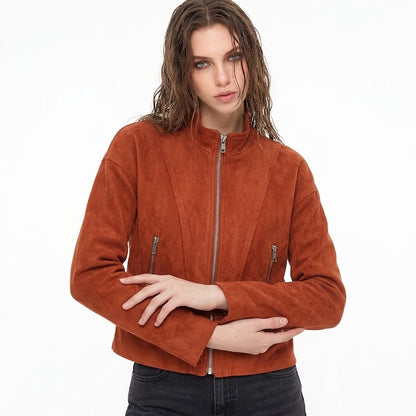 Zipper stand collar suede jacket for women | MuddyStock Originals