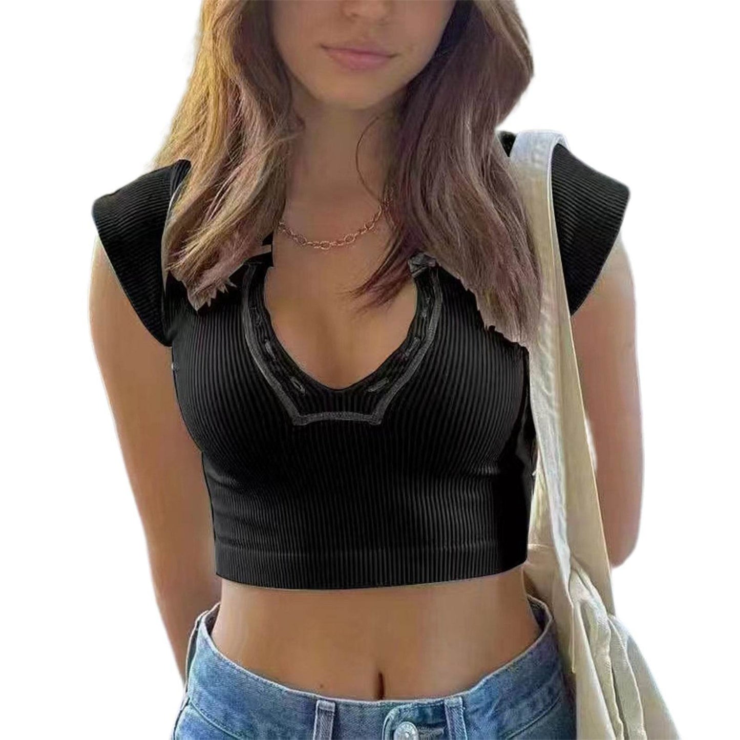 V-neck Small Short-sleeved Top For Women Black MuddyStock
