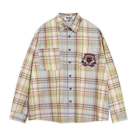 Embroidered Pocket Casual Polo Collar Checked Shirt For Men And Women MuddyStock