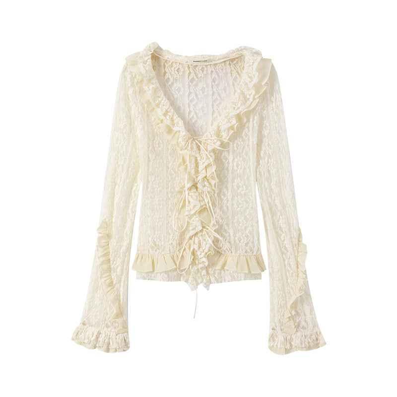 Lace Tie With Fungus Edge Long Sleeved Pullover For Women White null