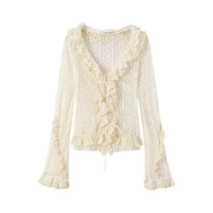 Lace Tie With Fungus Edge Long Sleeved Pullover For Women White null