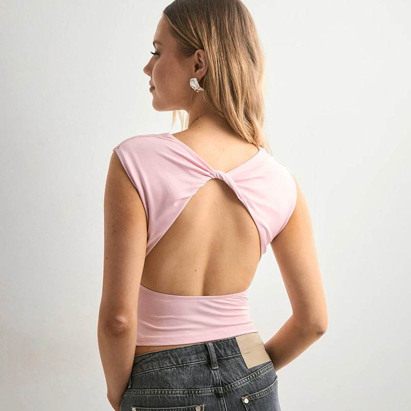 European And American Solid Color Off-neck Backless Slim Fit T-shirt Top MuddyStock