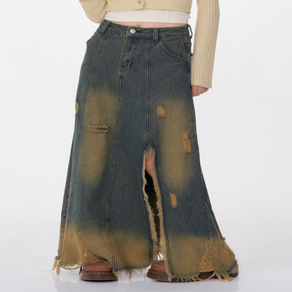 High Waist Mid-length Make Old Ripped Split Denim Skirt For Women All Products