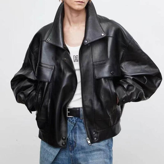 New Sheepskin Retro Loose Profile Casual Short Jacket For Men And Women Black
