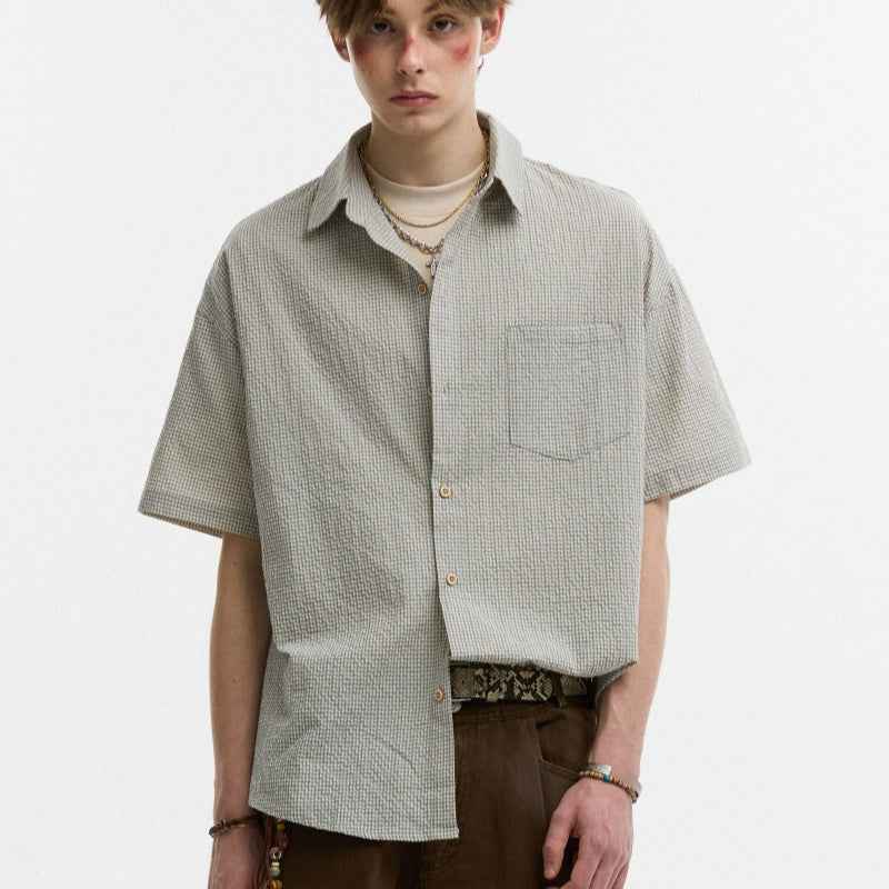 Seersucker Lapel Plaid Shirt For Men null