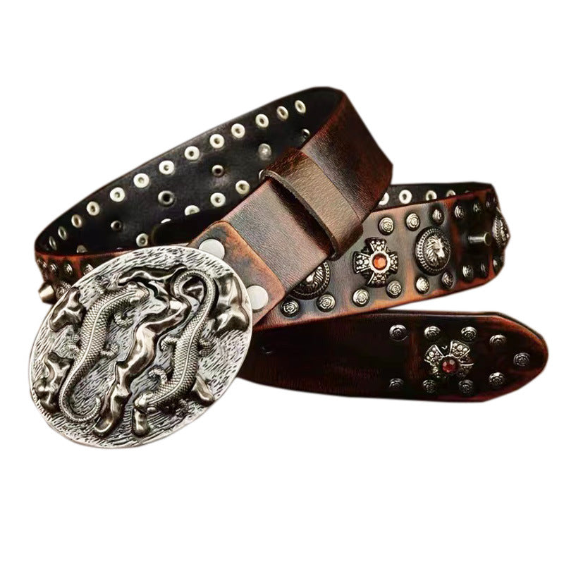 Punk Rivet Men's Leather Belt Retro Yellow
